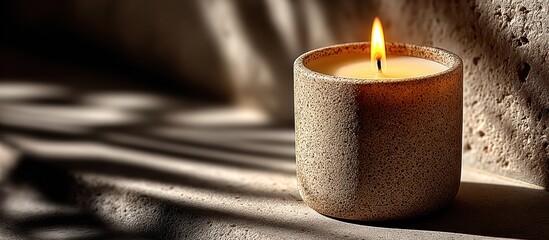 A lit candle in a speckled ceramic holder, soft lighting and shadows