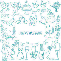 Romantic wedding and valentine doodle vector set featuring love icons, bridal elements, cake, ring., dove, champagne, and floral decor. Perfect for trendy invitation, celebration and Valentine design.
