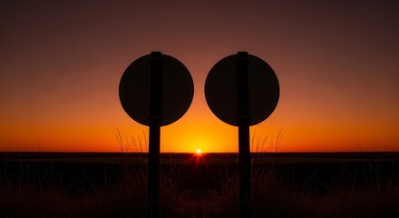Dramatic Sunset Illuminated Road Signals Against a Fiery Horizon Display