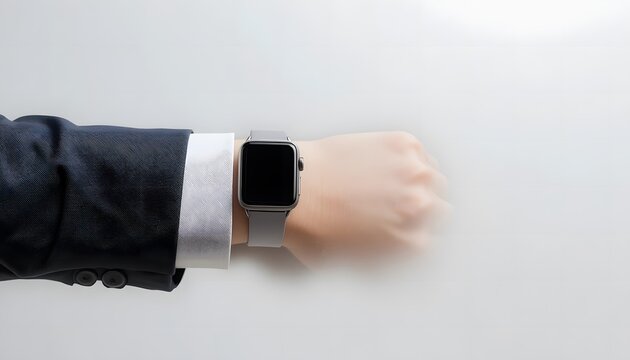 Floating Smartwatch Above Suit Sleeve on White Background. apple watch suit
