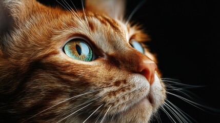 hyperrealistic close-up of a beautiful  cat against deep black background
