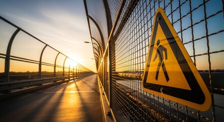 Dramatic Sunset Lighting A Pedestrian Crossing Sign On A Bridge Barrier Structure