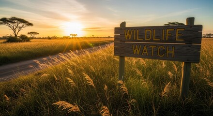 Dramatic Sunset Over African Savannah Scenic Landscape With Wildlife Sign