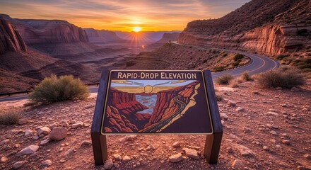Dramatic Sunset Over Canyon Landscape With Rapid-Drop Elevation Signage at Golden Hour