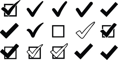 Black and white check marks and tick icons in various styles and boxes isolated on white background