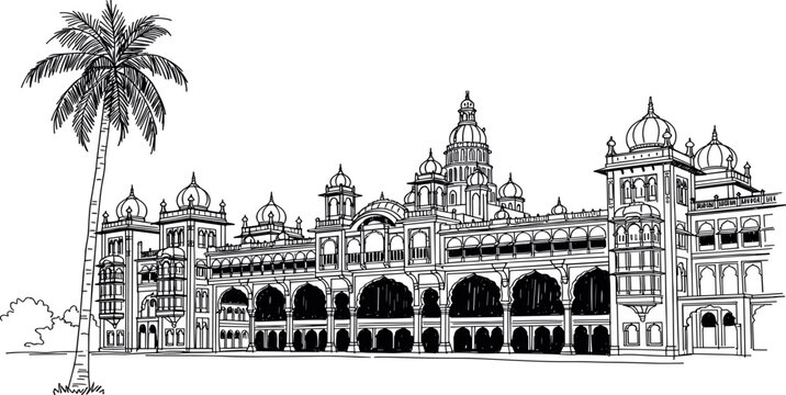 Illustration of the Mysore Palace, a historical landmark in India, showcasing its intricate architecture and design