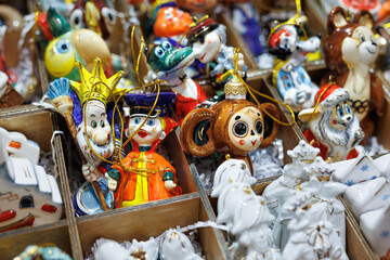 Assortment of colorful ceramic Christmas tree decorations. Heroes of Russian cartoons.