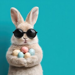 Fototapeta premium Bunny wearing sunglasses holding easter eggs