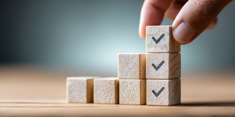 Hand placing wooden block with check mark on top of a stack, representing task completion