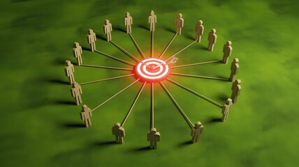 People connected to a central target on green background with radial lines