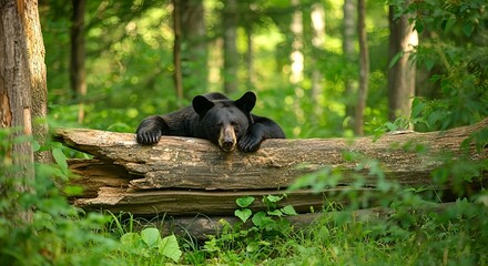 A serene black bear is peacefully relaxing on a fallen tree trunk amidst the rich, verdant foliage of a sun-dappled forest, embodying the tranquility of wild nature