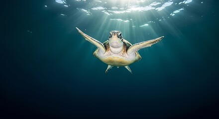 Mesmerizing underwater encounter with a majestic green sea turtle gracefully gliding through sunlit clear blue ocean waters, a symbol of marine life and conservation