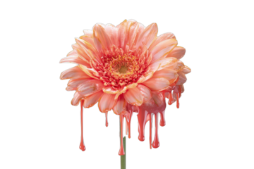 Vibrant peach flower, orange paint dripping from petals, centered on a black background