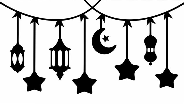 Elegant Ramadan decoration with lanterns, stars, and crescent moon for festive celebration, ideal for greeting cards, posters, and holiday designs