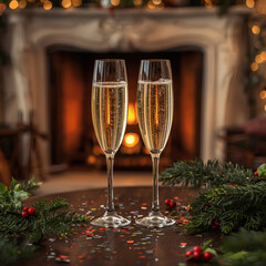 Two Identical Flutes Containing Bubbly Sparkling Wine, Positioned in Front of a Lit Fireplace, Accompanied by Green Christmas Branches and Small Confetti.
