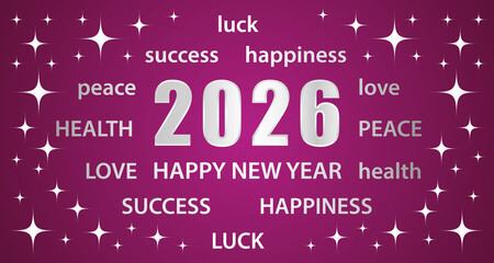 Happy New Year 2026. Greeting card with best wishes. Purple and silver hand drawn illustration banner.