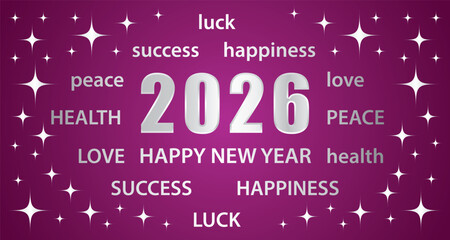 Happy New Year 2026. Greeting card with best wishes. Purple and silver vector hand drawn illustration banner.