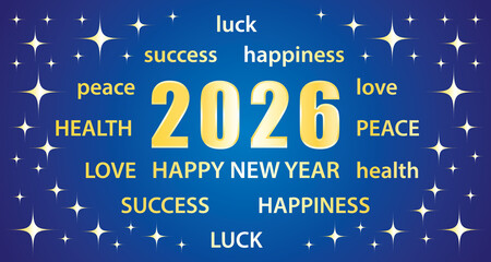 Happy New Year 2026. Greeting card with best wishes. Blue and gold hand drawn illustration banner.