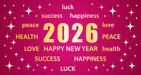 Happy New Year 2026. Greeting card with best wishes. Pink and gold hand drawn illustration banner.