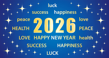 Happy New Year 2026. Greeting card with best wishes. Blue and gold vector hand drawn illustration banner.