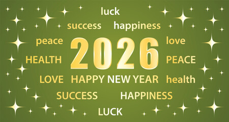 Happy New Year 2026. Greeting card with best wishes. Green and gold vector hand drawn illustration banner.