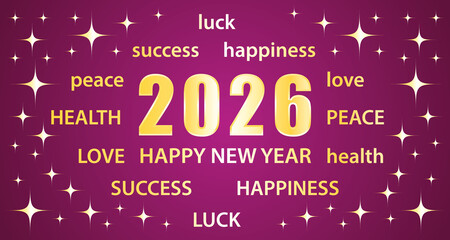 Happy New Year 2026. Greeting card with best wishes. Purple and gold hand drawn illustration banner.