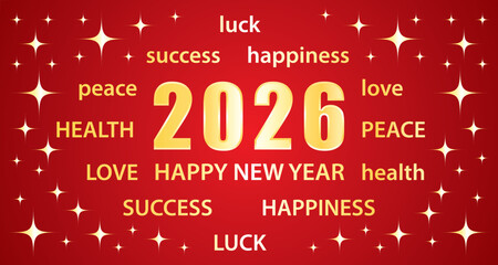 Happy New Year 2026. Greeting card with best wishes. Red and gold vector hand drawn illustration banner.