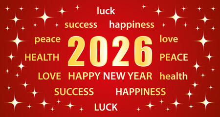 Happy New Year 2026. Greeting card with best wishes. Red and gold hand drawn illustration banner.