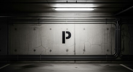 Dramatic Underground Parking Garage Interior With Bold Letter P Signage