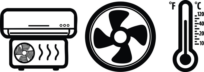 Air conditioning unit fan and thermometer icons simple black line symbols for temperature control and ventilation