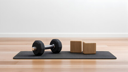Fitness Essentials: A minimalist gym setup featuring a dumbbell, yoga mat, and wooden blocks, perfectly arranged to inspire a focused workout session, fitness routine.