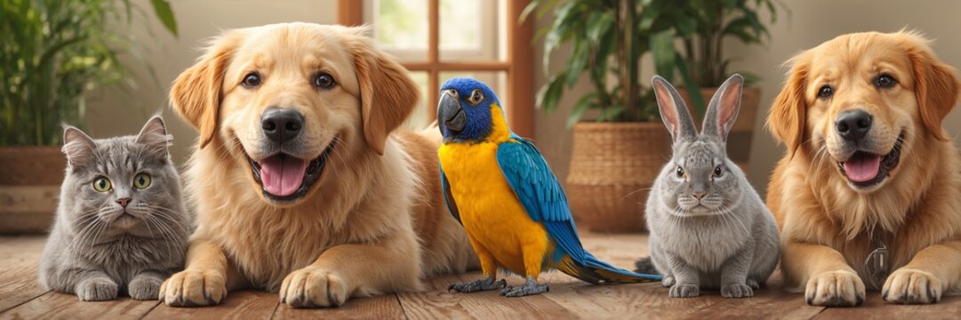 Adorable golden retrievers, a fluffy cat, a vibrant parrot, and a cute bunny make a charming animal family portrait, perfect for heartwarming pet product ads and campaigns