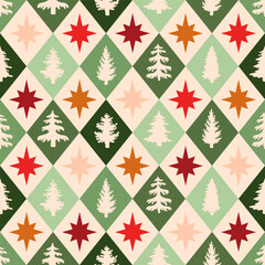 Argyle plaid Christmas fir tree stars grid diamond rhomb seamless pattern Fabric wrapping wallpaper