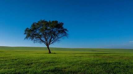 Solitary Tree in Vibrant Green Field under Clear Blue Sky, Realistic Serene Landscape