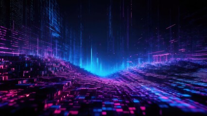 Digital landscape with neon lights and abstract structures