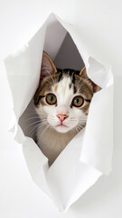 Curious calico kitten peeking out from torn white paper bag with wide eyes and playful mood indoors for cute pet and animal