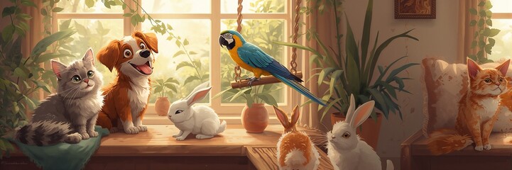 Naklejka na ściany i meble Adorable pets gathering at home on a sunny day, creating a heartwarming scene with a playful dog, cute kittens, fluffy bunnies, and a colorful macaw