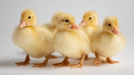Fototapeta premium Tiny ducklings on a clean white background in a serene studio portrait
