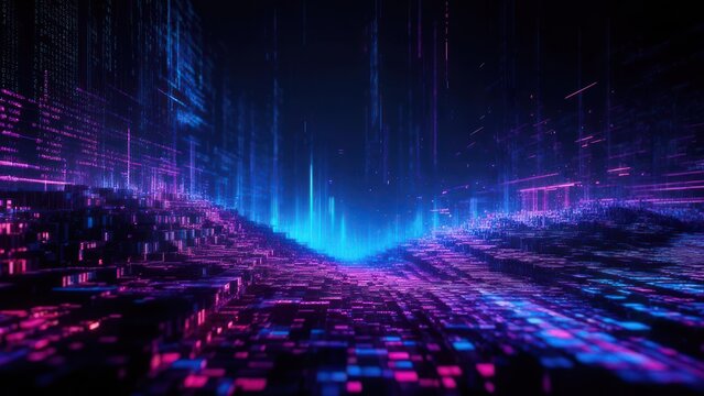 Digital landscape with neon lights and abstract structures
