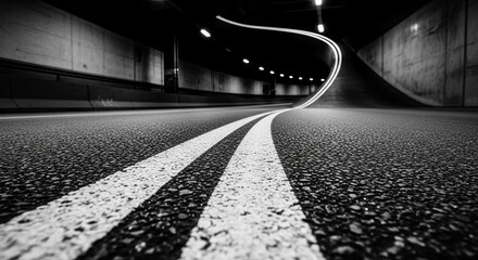 Dramatic View Inside a Road Tunnel With Illuminated Lights and Detailed Pavement