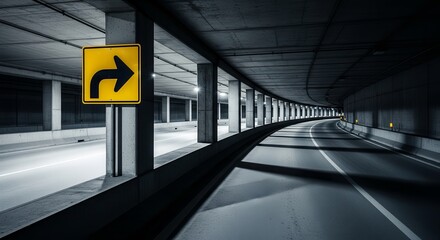 Dramatic View Inside a Road Tunnel with Illuminated Guidance and Directional Arrow