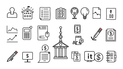 Collection of financial and business icons including charts documents and technology elements
