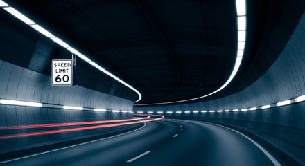 Dramatic View Inside a Road Tunnel With Speed Limit Sign and Light Trails Inside