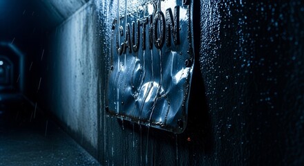 Dramatic View Of A Caution Sign In Wet Tunnel Demonstrating Warning And Danger