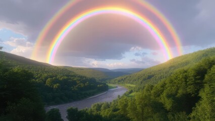 Double rainbow over lush green valley river landscape