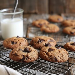 Freshly Baked Chocolate Chip Cookies with Sea Salt Cooling on a Wire Rack with Milk