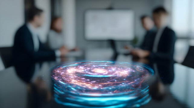Digital Galaxy Presentation: A stunning digital galaxy hologram materializes on a boardroom table. This cutting-edge technology captivates the audience during a pivotal presentation.