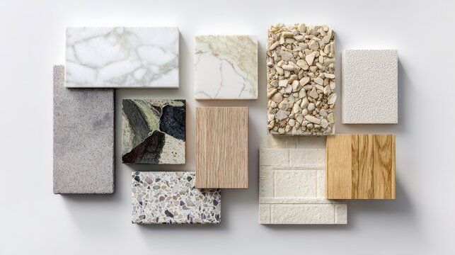 Top-down view of a neutral interior material board with marble, slate, terrazzo, engineered stone and wood samples