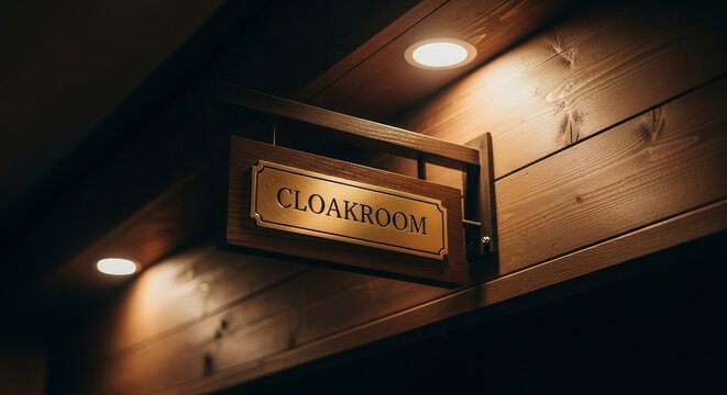 Elegant Cloakroom Sign Illuminated by Recessed Lighting on Wooden Wall