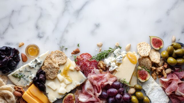 Top-down view of a gourmet cheese and meat board along a white marble edge with space for messaging - Powered by Adobe